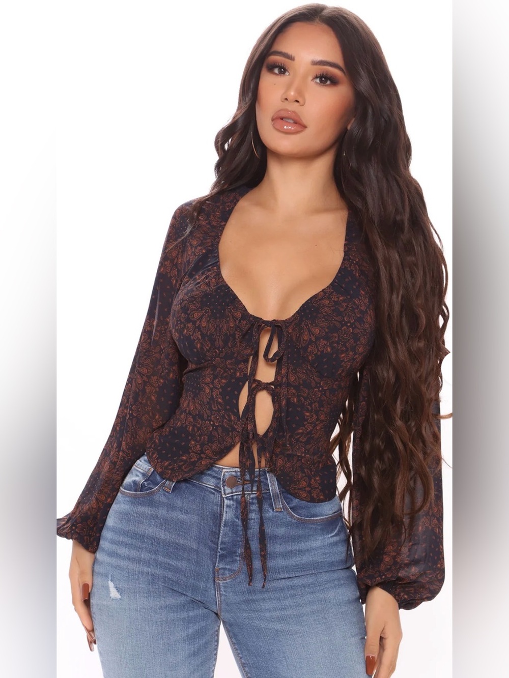 Fashion Nova Navy Orange Paisley Tie Front Balloon Sleeve Chiffon Blouse L EUC